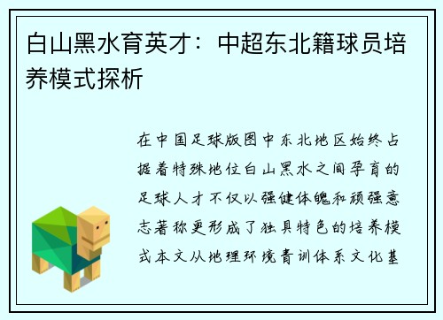 白山黑水育英才：中超东北籍球员培养模式探析
